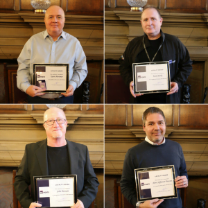 Clockwise: Kevin Mortimer, Kevin Early, Alvin Jefferson Prescott and John Bennett with their Long Service Awards.